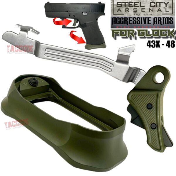 STEEL CITY ARSENAL GLOCK GEN 5  - 43X - 48 ENHANCED OD GREEN MAGWELL – AGGRESSIVE ARMS RLINE RACE TRIGGER +  BAR