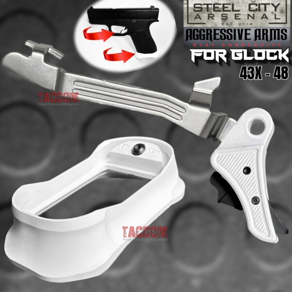 STEEL CITY ARSENAL GLOCK GEN 5  - 43X - 48 ENHANCED STORM TROOER WHITE MAGWELL – AGGRESSIVE ARMS RLINE RACE TRIGGER +  BAR