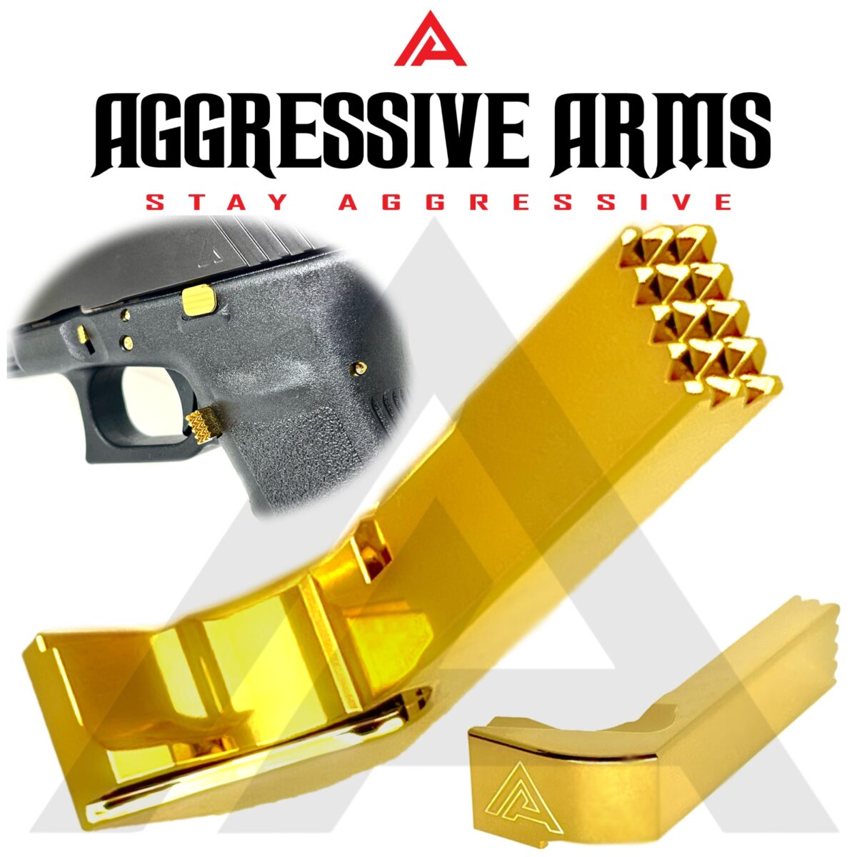 AGGRESSIVE ARMS SHINY GOLD PLATED DIMPLE PINS - EXTENDED SLIDE LOCK - EXTENDED MAGAZINE CATCH -EXTENDED SLIDE RELEASE for GLOCK GEN 1 2 3 -17 17L 19 22 23 24 26 27 31 32 33 34 37 38 39 - Image 3