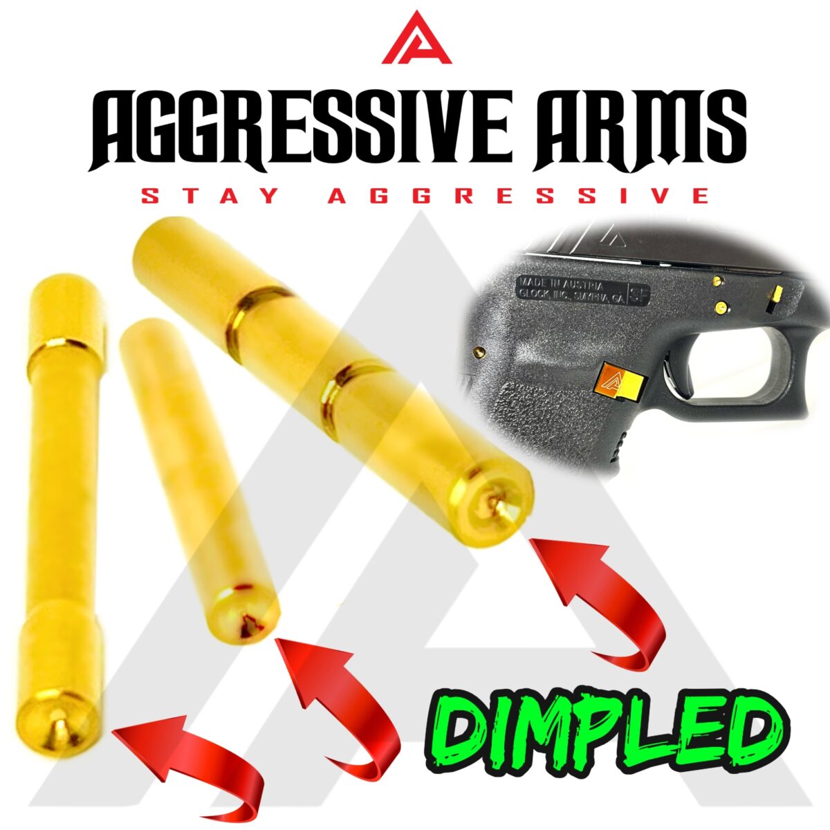 AGGRESSIVE ARMS SHINY GOLD PLATED DIMPLE PINS - EXTENDED SLIDE LOCK - EXTENDED MAGAZINE CATCH -EXTENDED SLIDE RELEASE for GLOCK GEN 1 2 3 -17 17L 19 22 23 24 26 27 31 32 33 34 37 38 39 - Image 4