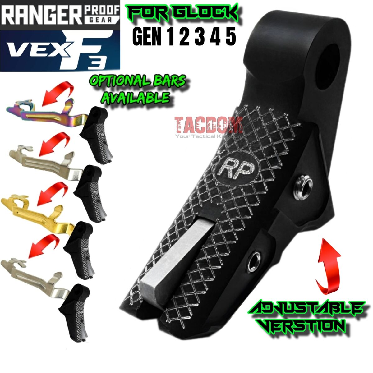 RANGER PROOF / JOHNNY GLOCK COLLABORATION VEX F3 "EXCLUSIVE" BLACK / GREY ADJUSTABLE TRIGGER for GLOCK GEN 1 2 3 4 5 - 17 19 19X 20 21 22 23 24 26 27 31 32 33 34 35 37 36 38 39 43 43x 45 48 - Image 1