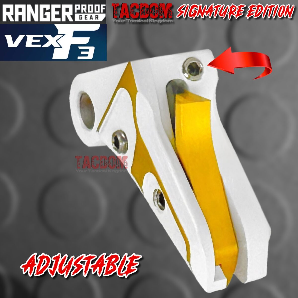RANGER PROOF / JOHNNY GLOCK COLLABORATION VEX F3 "TACDOM SIGNATURE" WHITE / GOLD ADJUSTABLE TRIGGER for GLOCK GEN 1 2 3 4 5 - 17 19 19X 20 21 22 23 24 26 27 31 32 33 34 35 37 36 38 39 43 43x 45 48 - Image 2