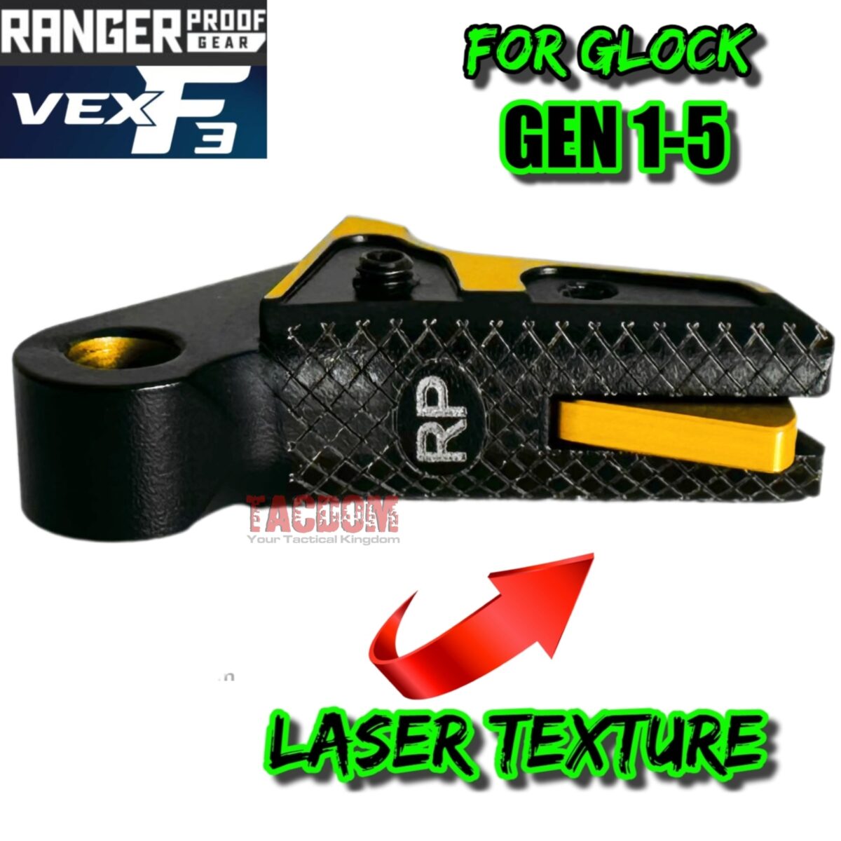 RANGER PROOF / JOHNNY GLOCK COLLABORATION VEX F3 "EXCLUSIVE" BLACK / GOLD ADJUSTABLE TRIGGER for GLOCK GEN 1 2 3 4 5 - 17 19 19X 20 21 22 23 24 26 27 31 32 33 34 35 37 36 38 39 43 43x 45 48 - Image 3