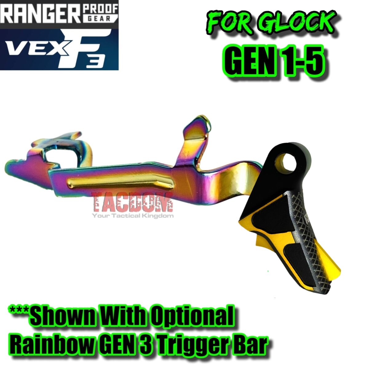 RANGER PROOF / JOHNNY GLOCK COLLABORATION VEX F3 "EXCLUSIVE" BLACK / GOLD ADJUSTABLE TRIGGER for GLOCK GEN 1 2 3 4 5 - 17 19 19X 20 21 22 23 24 26 27 31 32 33 34 35 37 36 38 39 43 43x 45 48 - Image 5