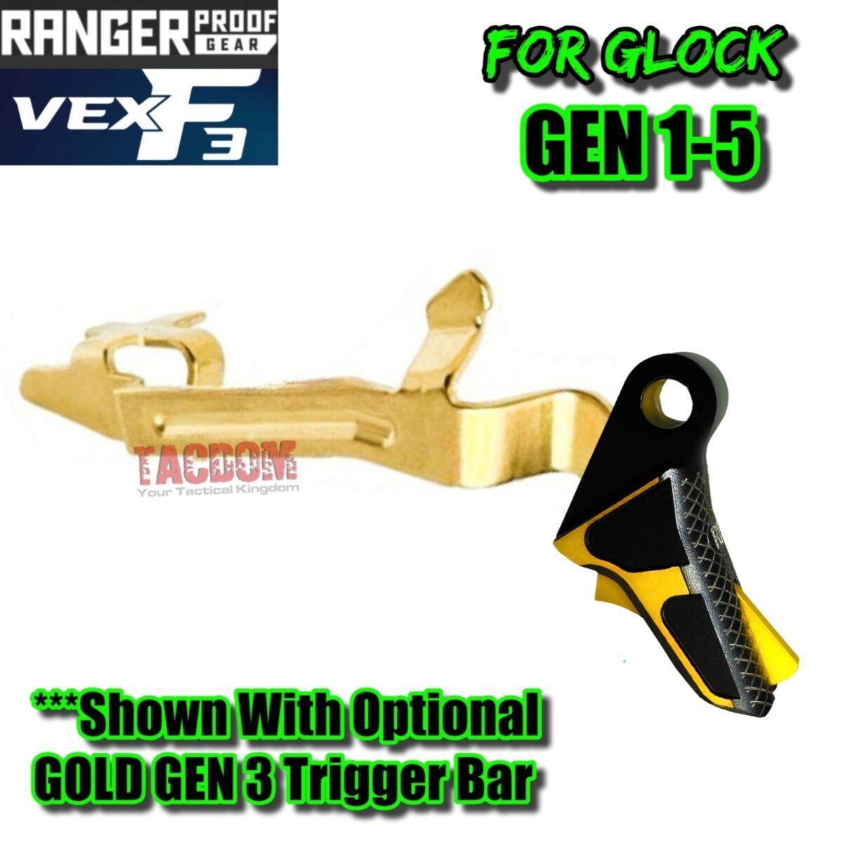RANGER PROOF / JOHNNY GLOCK COLLABORATION VEX F3 "EXCLUSIVE" BLACK / GOLD ADJUSTABLE TRIGGER for GLOCK GEN 1 2 3 4 5 - 17 19 19X 20 21 22 23 24 26 27 31 32 33 34 35 37 36 38 39 43 43x 45 48 - Image 7