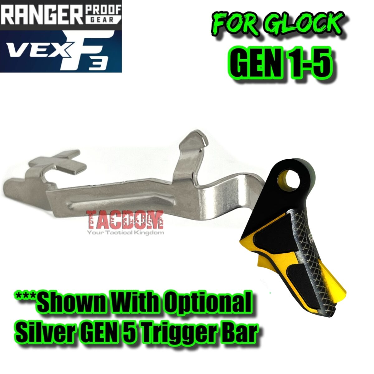RANGER PROOF / JOHNNY GLOCK COLLABORATION VEX F3 "EXCLUSIVE" BLACK / GOLD ADJUSTABLE TRIGGER for GLOCK GEN 1 2 3 4 5 - 17 19 19X 20 21 22 23 24 26 27 31 32 33 34 35 37 36 38 39 43 43x 45 48 - Image 8