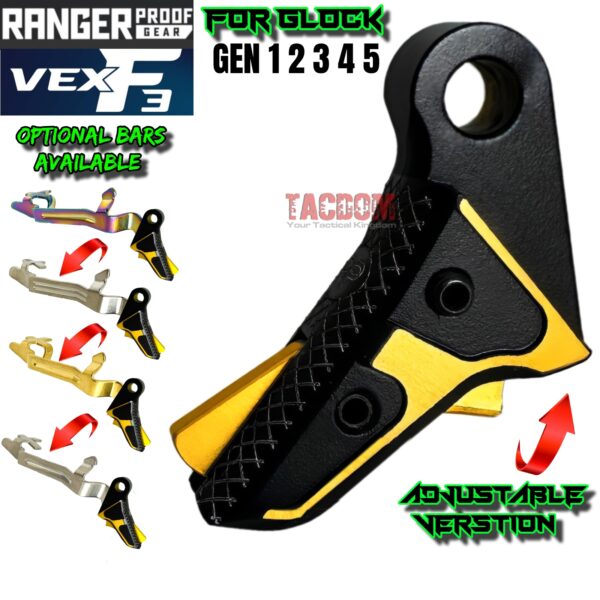 RANGER PROOF / JOHNNY GLOCK COLLABORATION VEX F3 "EXCLUSIVE" BLACK / GOLD ADJUSTABLE TRIGGER for GLOCK GEN 1 2 3 4 5 - 17 19 19X 20 21 22 23 24 26 27 31 32 33 34 35 37 36 38 39 43 43x 45 48