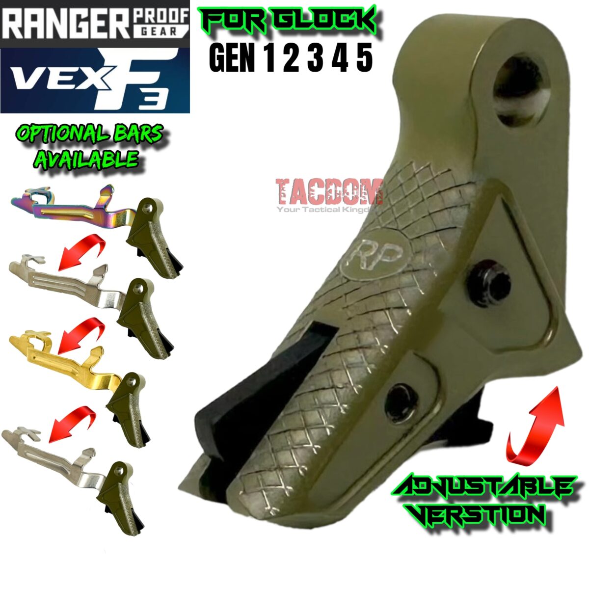 RANGER PROOF / JOHNNY GLOCK COLLABORATION VEX F3 BAZOOKA GREEN (Similar to OD) "ADJUSTABLE" TRIGGER for GLOCK GEN 1 2 3 4 5 - 17 19 19X 20 21 22 23 24 26 27 31 32 33 34 35 37 36 38 39 43 43x 45 48 - Image 1