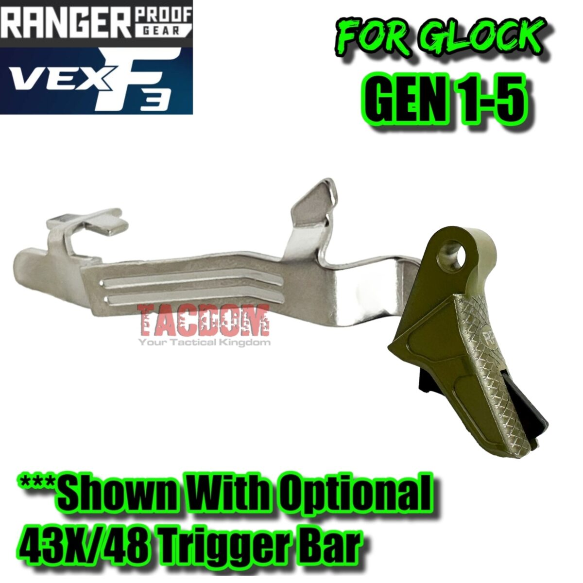 RANGER PROOF / JOHNNY GLOCK COLLABORATION VEX F3 BAZOOKA GREEN (Similar to OD) "ADJUSTABLE" TRIGGER for GLOCK GEN 1 2 3 4 5 - 17 19 19X 20 21 22 23 24 26 27 31 32 33 34 35 37 36 38 39 43 43x 45 48 - Image 6