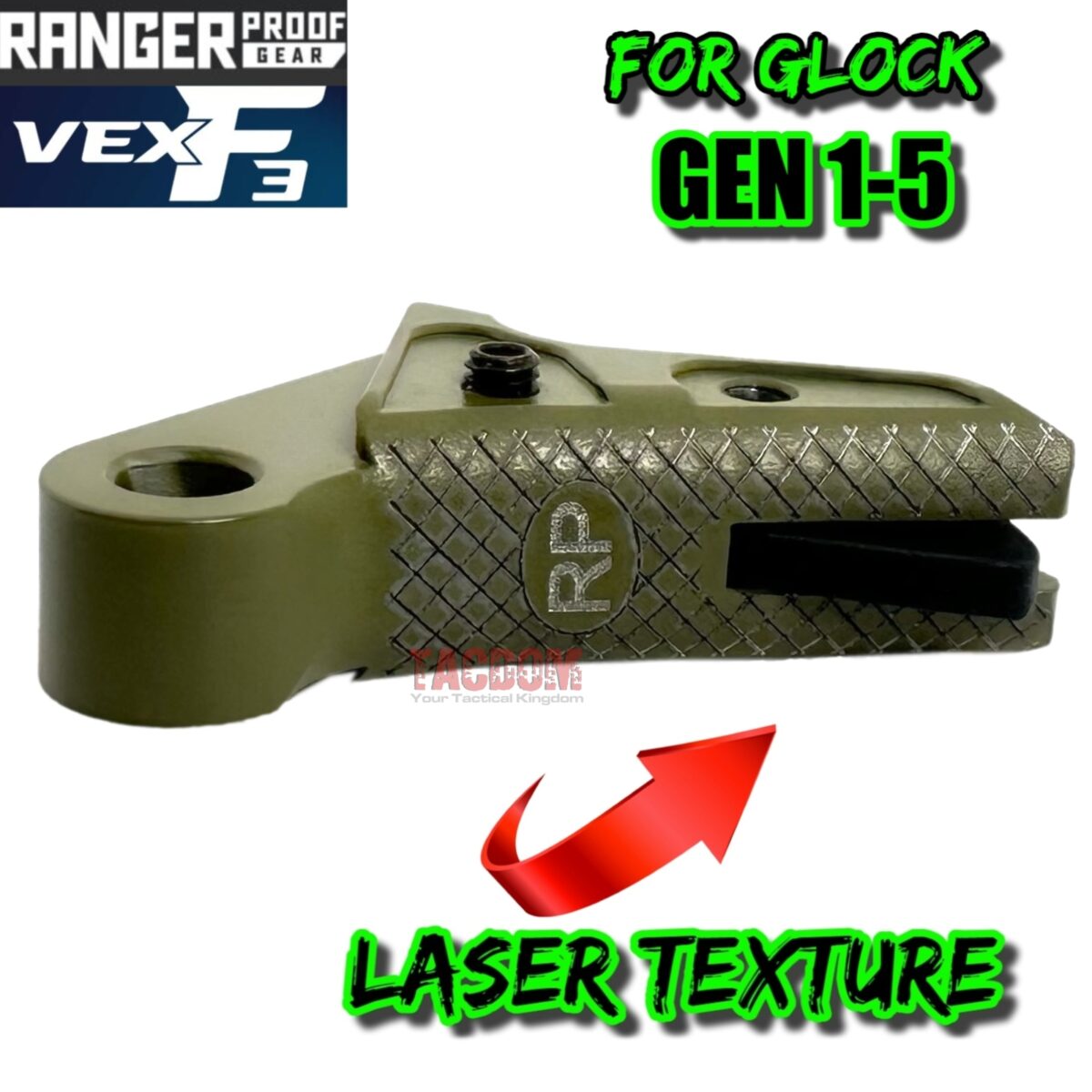 RANGER PROOF / JOHNNY GLOCK COLLABORATION VEX F3 BAZOOKA GREEN (Similar to OD) "ADJUSTABLE" TRIGGER for GLOCK GEN 1 2 3 4 5 - 17 19 19X 20 21 22 23 24 26 27 31 32 33 34 35 37 36 38 39 43 43x 45 48 - Image 4