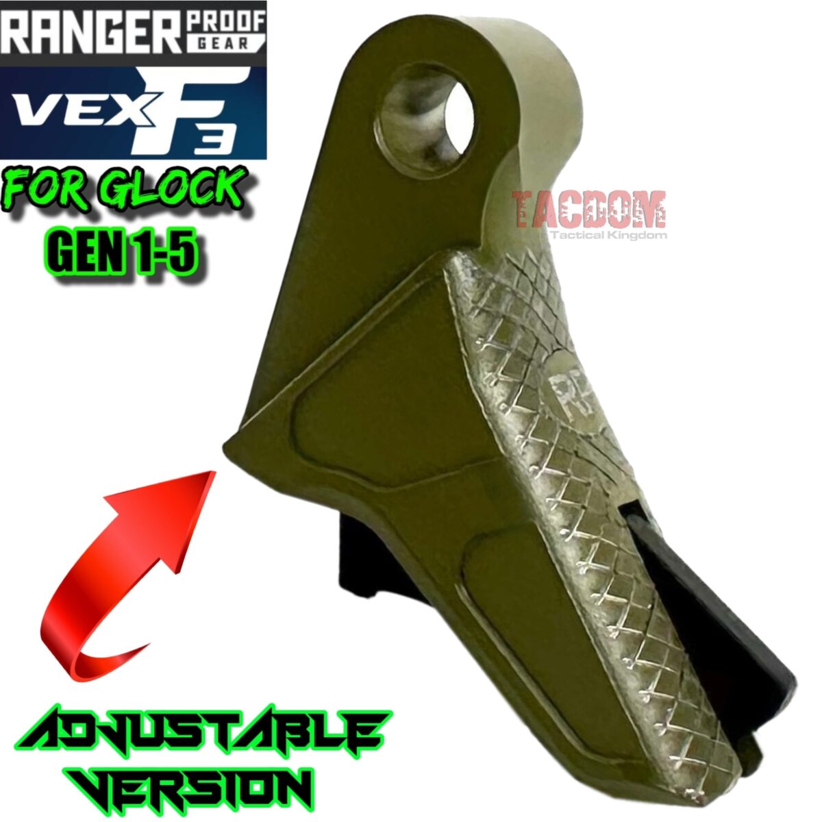 RANGER PROOF / JOHNNY GLOCK COLLABORATION VEX F3 BAZOOKA GREEN (Similar to OD) "ADJUSTABLE" TRIGGER for GLOCK GEN 1 2 3 4 5 - 17 19 19X 20 21 22 23 24 26 27 31 32 33 34 35 37 36 38 39 43 43x 45 48 - Image 3