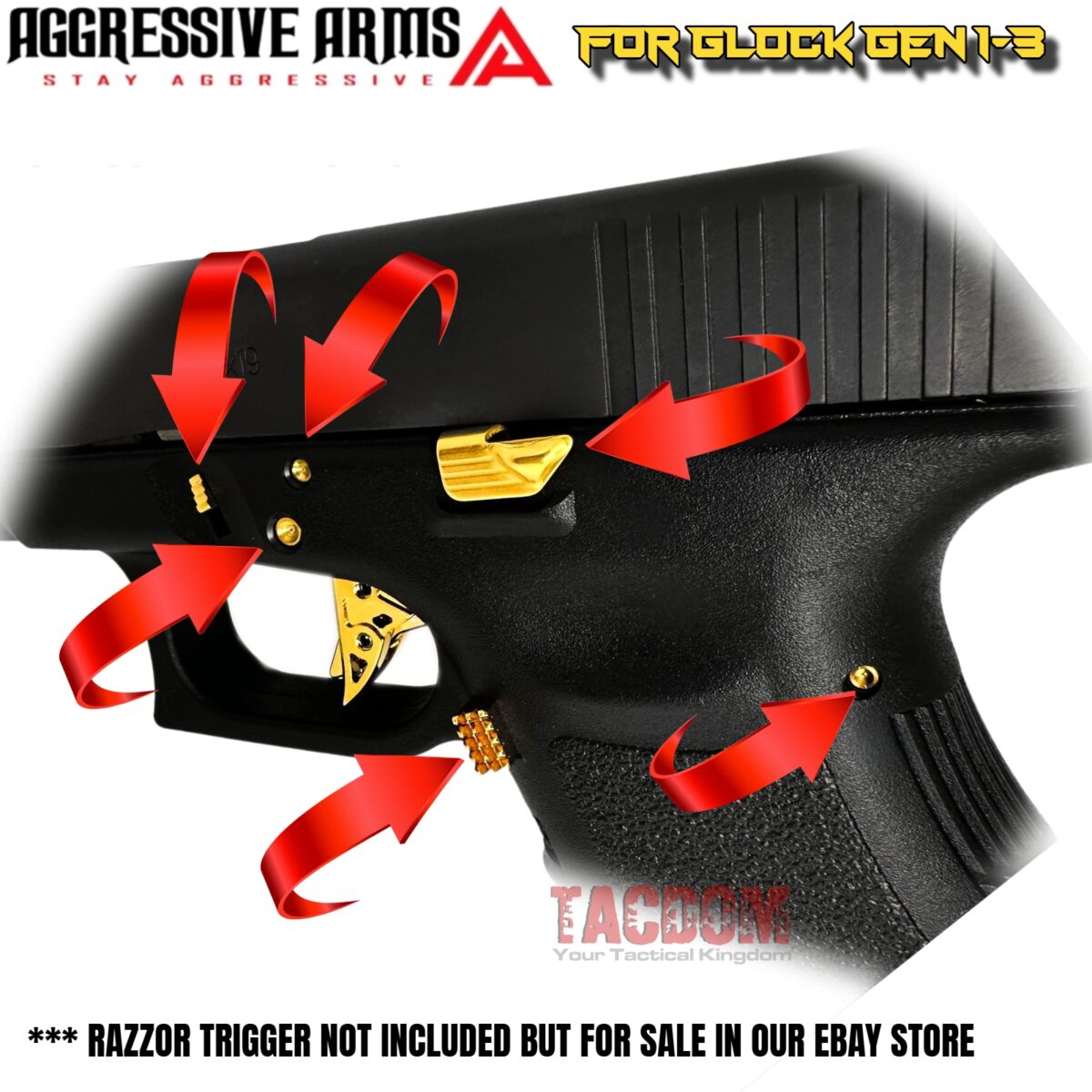 AGGRESSIVE ARMS SHINY GOLD PLATED DIMPLE PINS - EXTENDED SLIDE LOCK - EXTENDED MAGAZINE CATCH -EXTENDED SLIDE RELEASE for GLOCK GEN 1 2 3 -17 17L 19 22 23 24 26 27 31 32 33 34 37 38 39 - Image 2