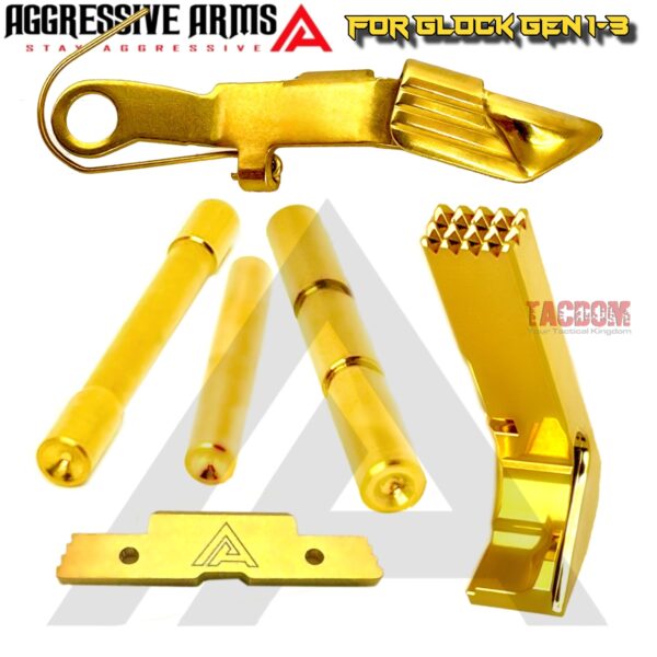 AGGRESSIVE ARMS SHINY GOLD PLATED DIMPLE PINS - EXTENDED SLIDE LOCK - EXTENDED MAGAZINE CATCH -EXTENDED SLIDE RELEASE for GLOCK GEN 1 2 3 -17 17L 19 22 23 24 26 27 31 32 33 34 37 38 39