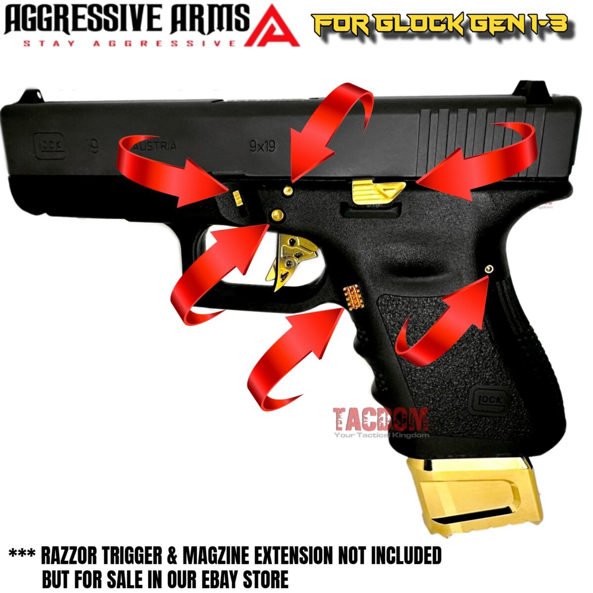 AGGRESSIVE ARMS SHINY GOLD PLATED DIMPLE PINS - EXTENDED SLIDE LOCK - EXTENDED MAGAZINE CATCH -EXTENDED SLIDE RELEASE for GLOCK GEN 1 2 3 -17 17L 19 22 23 24 26 27 31 32 33 34 37 38 39 - Image 7
