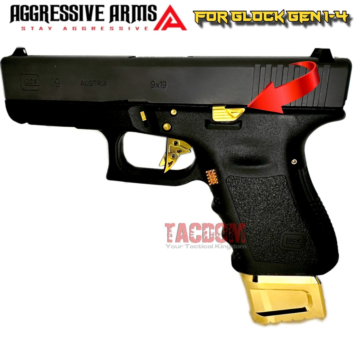 AGGRESSIVE Extended Slide Stop SHINY GOLD PLATED Release for GLOCK GEN 1 - 4 - ERGO DESIGN - 17 19 20 21 22 23 24 25 26 27 31 32 33 34 35 - Image 4