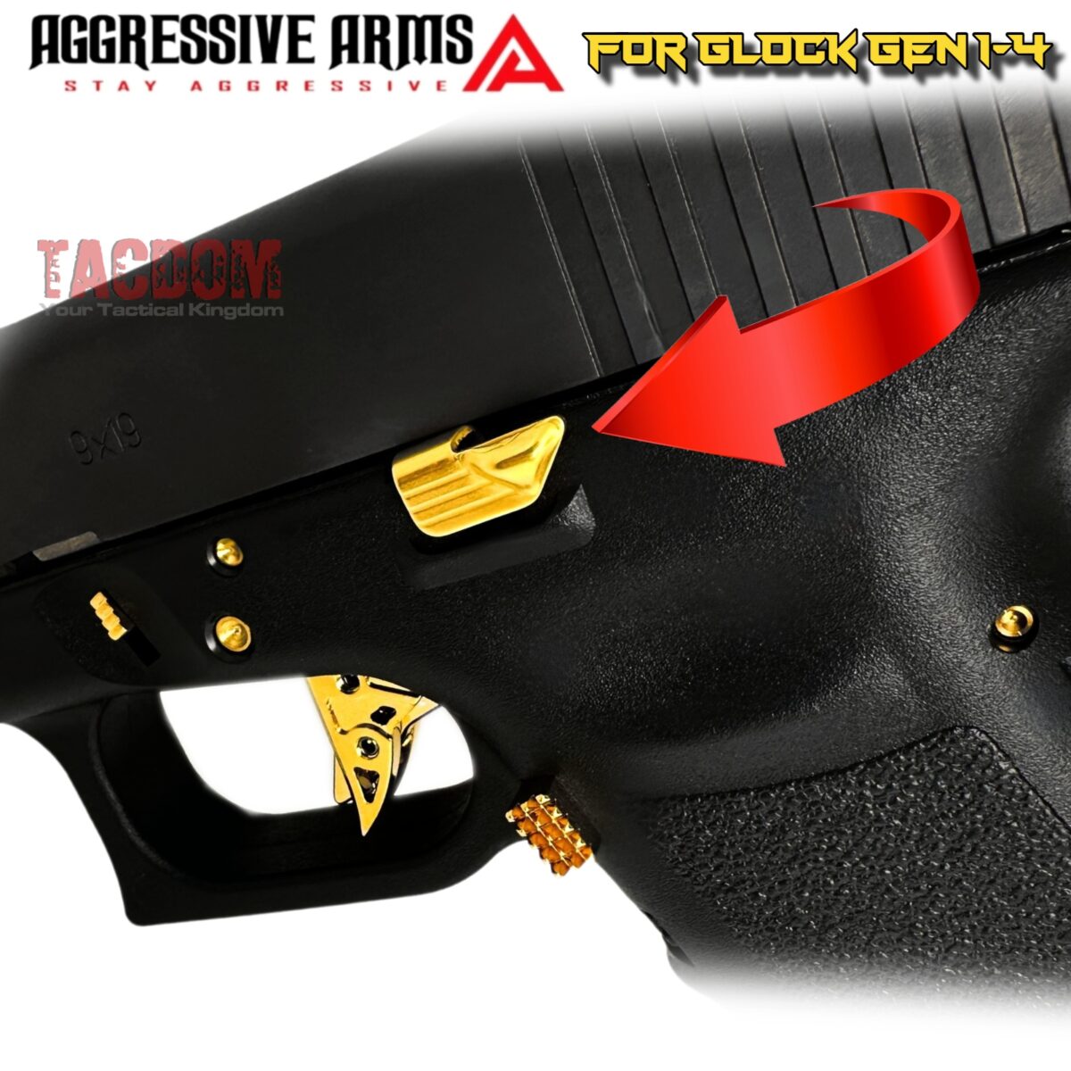 AGGRESSIVE Extended Slide Stop SHINY GOLD PLATED Release for GLOCK GEN 1 - 4 - ERGO DESIGN - 17 19 20 21 22 23 24 25 26 27 31 32 33 34 35 - Image 2
