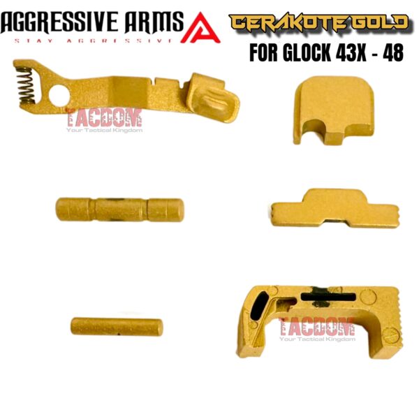 AGGRESSIVE ARMS GOLD CERAKOTED PARTS FOR GLOCK 43X / 48 - GHOST EXTENDED SLIDE RELEASE / CATCH - SLIDE LOCK - PINS - REAR COVER PLATE - MAGAZINE CATCH