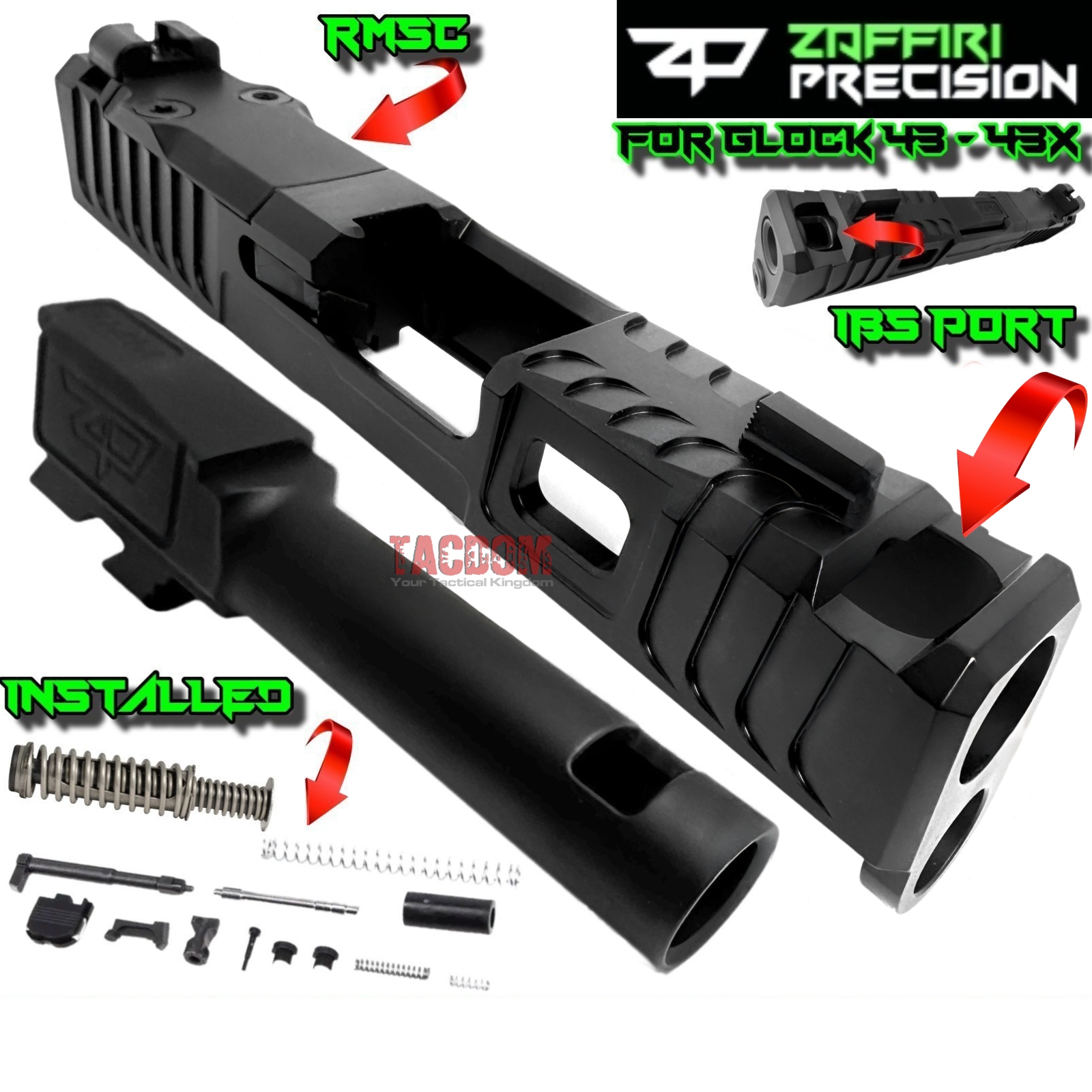 NEW 432 ZAFFIRI BLACK COMPLETE IBS PORTED SLIDE WITH IBS BARREL - SIGHTS - UPK INSTALLED - RMSC COVER PLATE FOR GLOCK 43 / 43X - Image 1