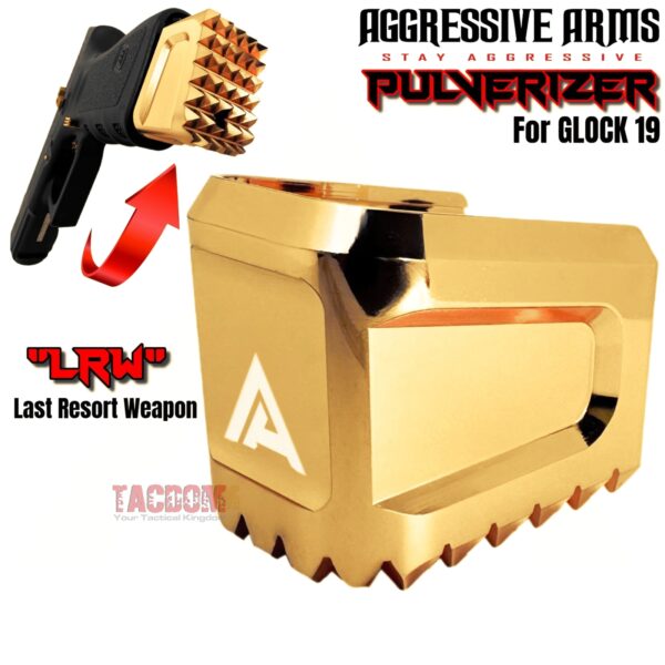 AGGRESSIVE ARMS "PULVERIZER" SHINY GOLD +0 Grip SPIKED Extension Weighted Pad plate Magazine for Glock 19 23 32 & P80 PF940C