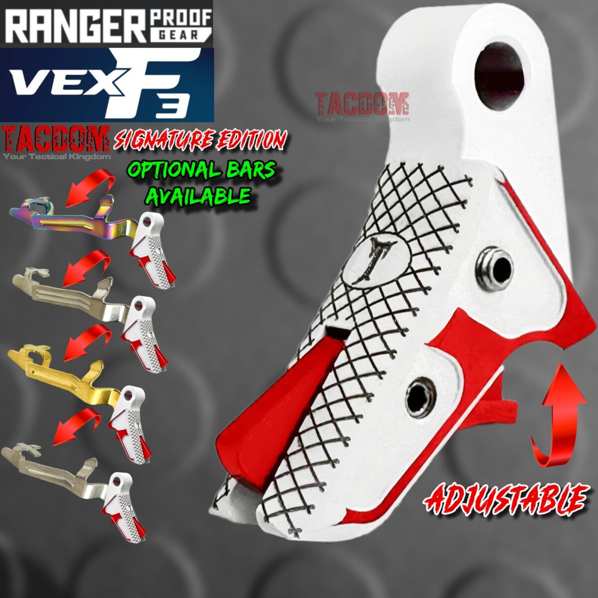 RANGER PROOF / JOHNNY GLOCK COLLABORATION VEX F3 "TACDOM SIGNATURE" WHITE / RED ADJUSTABLE TRIGGER for GLOCK GEN 1 2 3 4 5 - 17 19 19X 20 21 22 23 24 26 27 31 32 33 34 35 37 36 38 39 43 43x 45 48 - Image 1