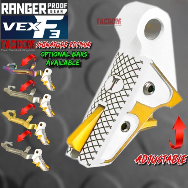 RANGER PROOF / JOHNNY GLOCK COLLABORATION VEX F3 "TACDOM SIGNATURE" WHITE / GOLD ADJUSTABLE TRIGGER for GLOCK GEN 1 2 3 4 5 - 17 19 19X 20 21 22 23 24 26 27 31 32 33 34 35 37 36 38 39 43 43x 45 48
