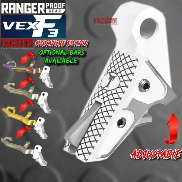 RANGER PROOF / JOHNNY GLOCK COLLABORATION VEX F3 "TACDOM SIGNATURE" WHITE / SILVER ADJUSTABLE TRIGGER for GLOCK GEN 1 2 3 4 5 - 17 19 19X 20 21 22 23 24 26 27 31 32 33 34 35 37 36 38 39 43 43x 45 48