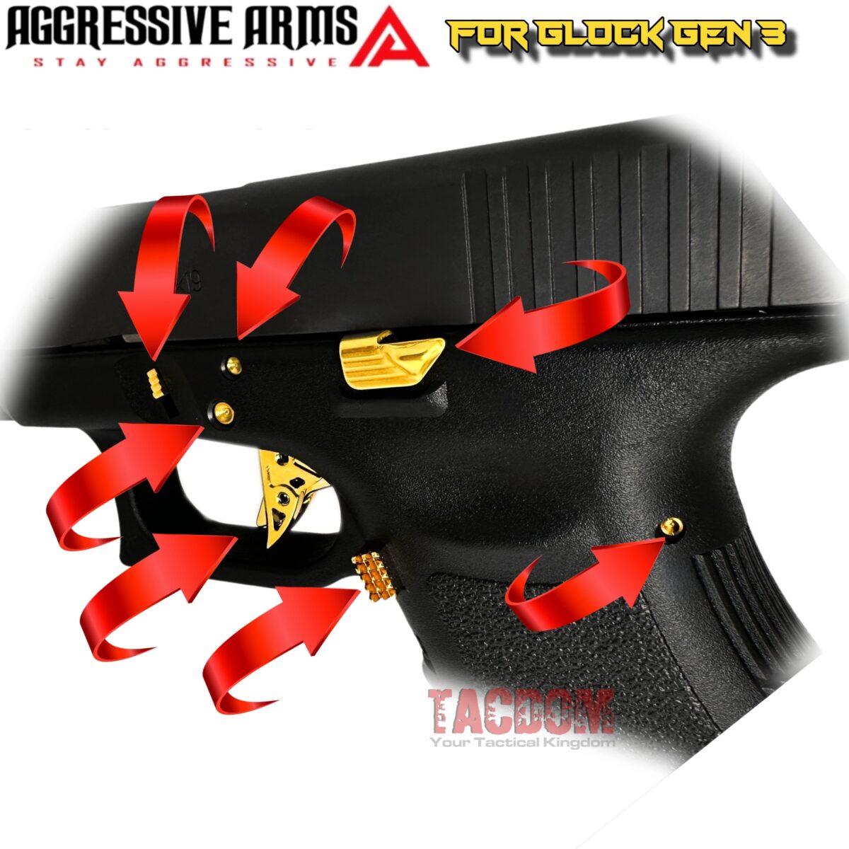 AGGRESSIVE ARMS GOLD RAZZOR SHINY FINISH Trigger + LOWER PARTS KIT DIMPLE PINS - EXTENDED SLIDE LOCK - EXTENDED SLIDE STOP - EXTENDED MAGAZINE CATCH Includes Trigger Bar - for GLOCK GEN 3 - 17 19 - P80 PF940C PF940V2 - Image 9