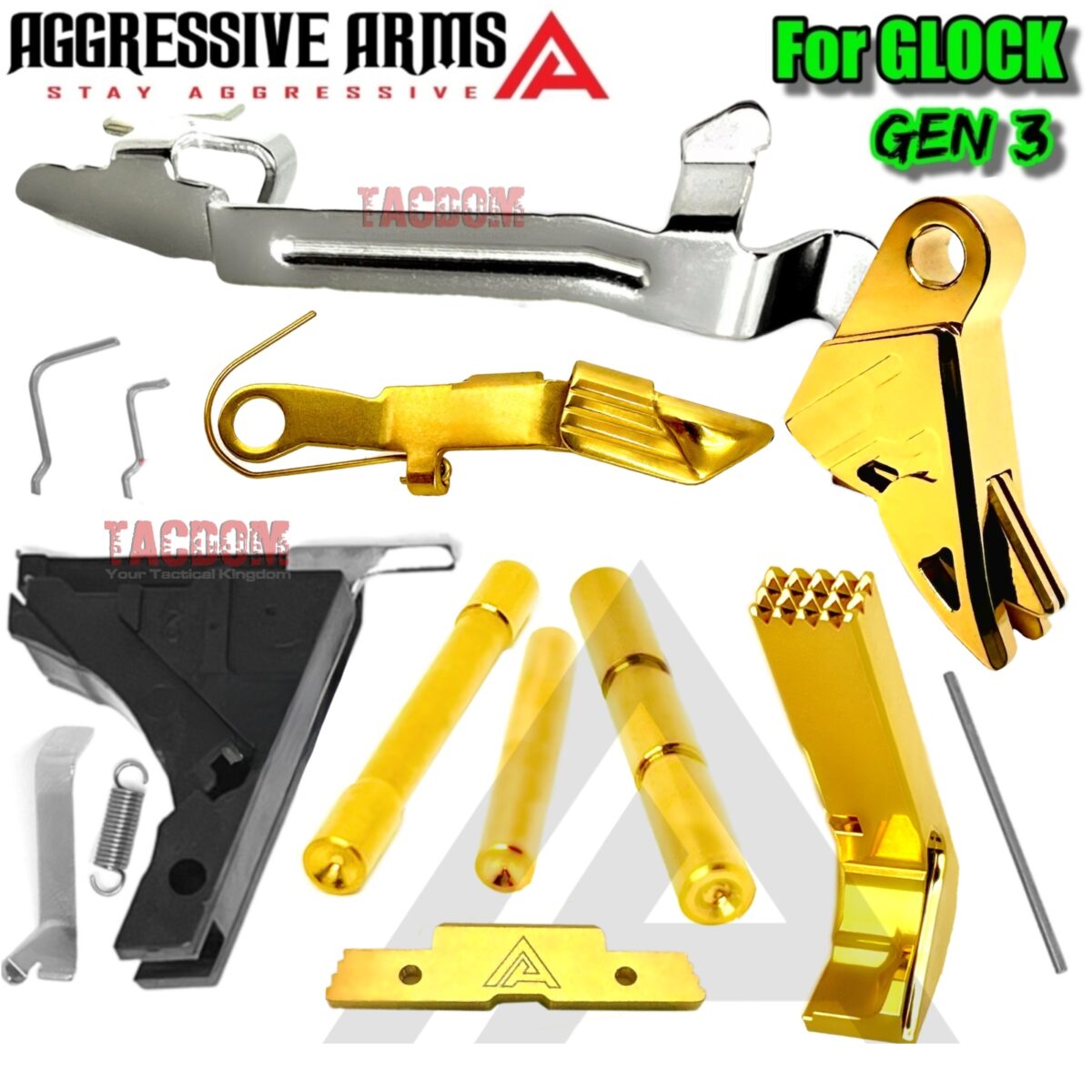 AGGRESSIVE ARMS GOLD RAZZOR SHINY FINISH Trigger + LOWER PARTS KIT DIMPLE PINS - EXTENDED SLIDE LOCK - EXTENDED SLIDE STOP - EXTENDED MAGAZINE CATCH Includes Trigger Bar - for GLOCK GEN 3 - 17 19 - P80 PF940C PF940V2 - Image 1