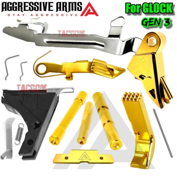 AGGRESSIVE ARMS GOLD RAZZOR SHINY FINISH Trigger + LOWER PARTS KIT DIMPLE PINS - EXTENDED SLIDE LOCK - EXTENDED SLIDE STOP - EXTENDED MAGAZINE CATCH Includes Trigger Bar - for GLOCK GEN 3 - 17 19 - P80 PF940C PF940V2