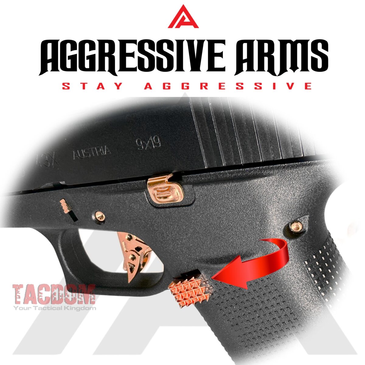 AGGRESSIVE ARMS JEWELRY COPPER  EXTENDED MAGAZINE CATCH for GLOCK 43X and 48 "SPIKES" - Image 2