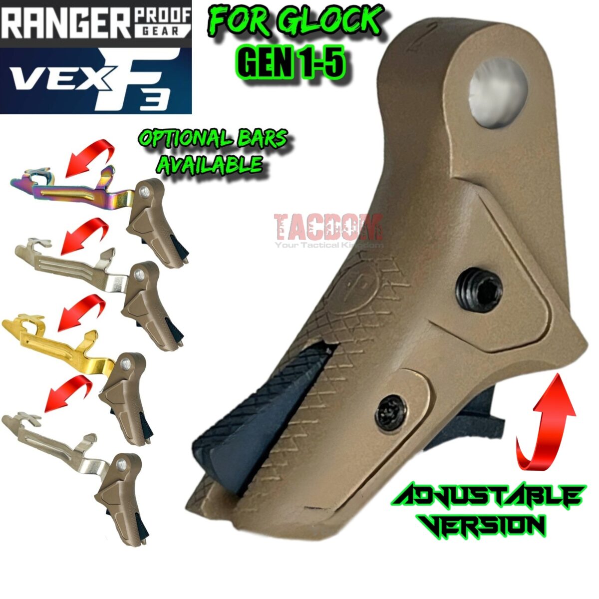 RANGER PROOF / JOHNNY GLOCK COLLABORATION VEX F3 FDE TAN ADJUSTABLE TRIGGER for GLOCK GEN 1 2 3 4 5 - 17 19 19X 20 21 22 23 24 26 27 31 32 33 34 35 37 36 38 39 43 43x 45 48 - Image 1