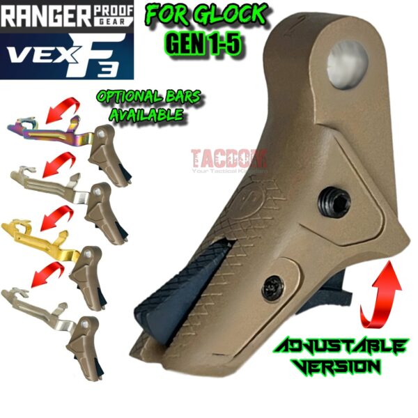 RANGER PROOF / JOHNNY GLOCK COLLABORATION VEX F3 FDE TAN ADJUSTABLE TRIGGER for GLOCK GEN 1 2 3 4 5 - 17 19 19X 20 21 22 23 24 26 27 31 32 33 34 35 37 36 38 39 43 43x 45 48