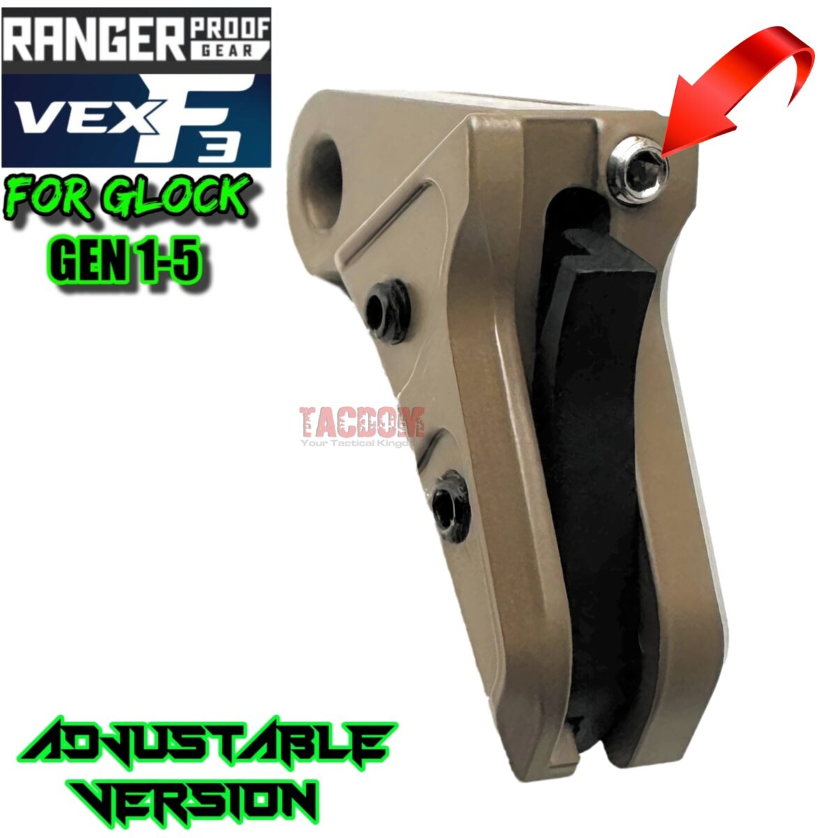RANGER PROOF / JOHNNY GLOCK COLLABORATION VEX F3 FDE TAN ADJUSTABLE TRIGGER for GLOCK GEN 1 2 3 4 5 - 17 19 19X 20 21 22 23 24 26 27 31 32 33 34 35 37 36 38 39 43 43x 45 48 - Image 2