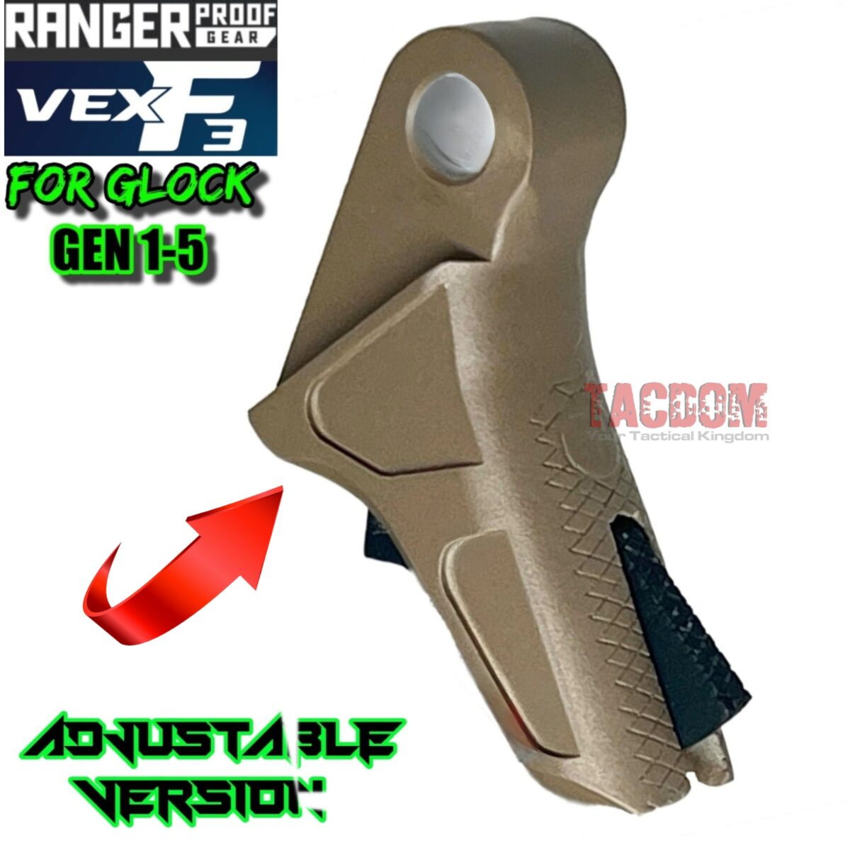 RANGER PROOF / JOHNNY GLOCK COLLABORATION VEX F3 FDE TAN ADJUSTABLE TRIGGER for GLOCK GEN 1 2 3 4 5 - 17 19 19X 20 21 22 23 24 26 27 31 32 33 34 35 37 36 38 39 43 43x 45 48 - Image 3