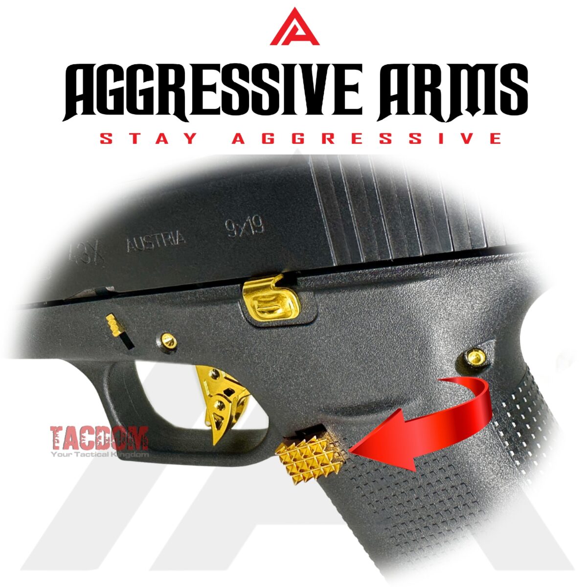 AGGRESSIVE ARMS JEWELRY GOLD  EXTENDED MAGAZINE CATCH for GLOCK 43X and 48 "SPIKES" - Image 2
