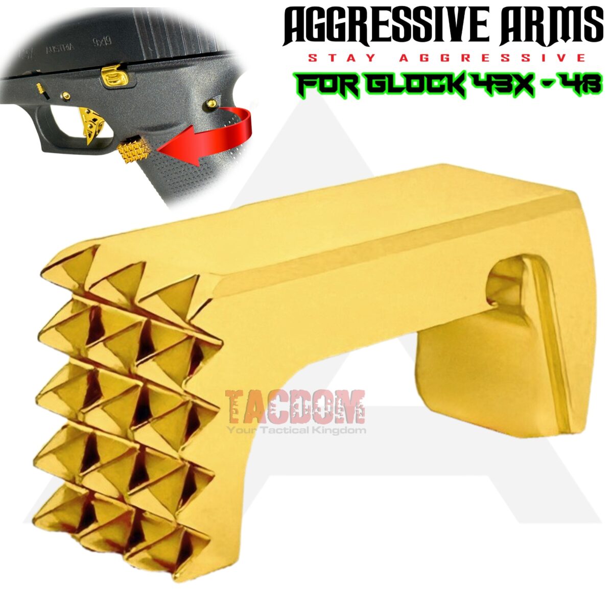 AGGRESSIVE ARMS JEWELRY GOLD  EXTENDED MAGAZINE CATCH for GLOCK 43X and 48 "SPIKES" - Image 1