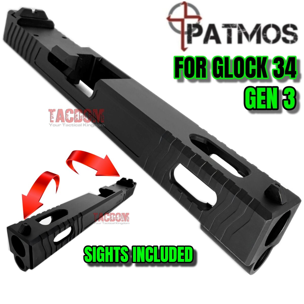 PATMOS Arms REVELATION RMR OPTIC CUT SLIDE for Glock 34 Polymer 80 PF940V2 LONG SLIDE 4140 Steel Black Nitride - Image 1