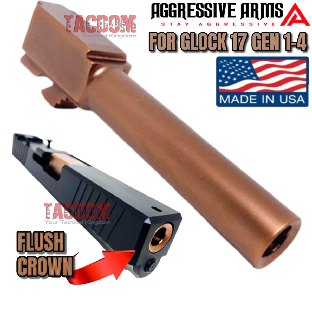 AGGRESSIVE ARMS TARGET CROWN Barrel for Glock 17 GEN 1 2 3 4 ROSE COPPER 9mm 416R Stainless Steel - Image 1