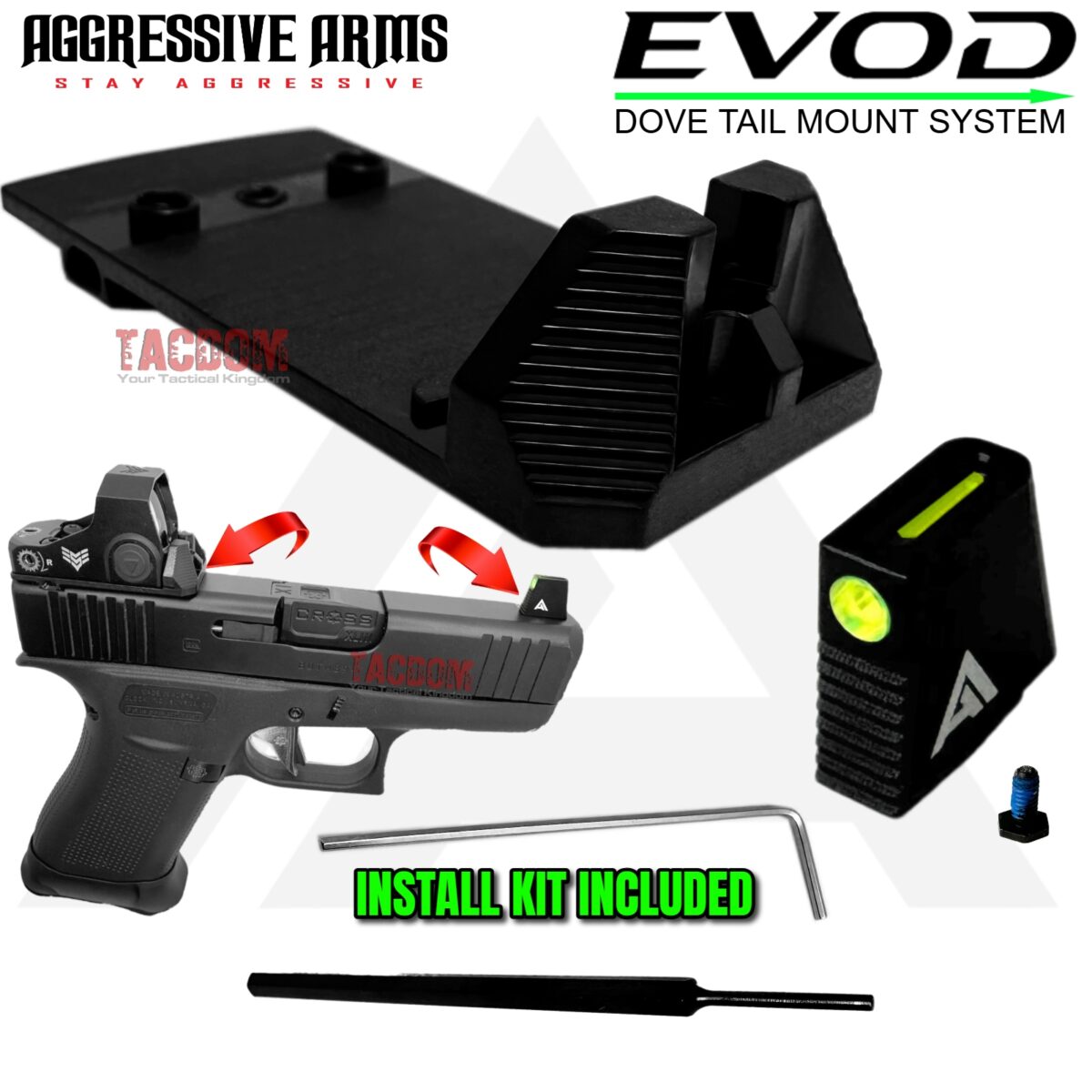 AGGRESSIVE ARMS EVOD DOVE MOUNT SYSTEM for Glock RMSc Slide Sight Adapter with Front FIBER OPTIC SIGHT + INSTALLATION KIT INCLUDED - Image 1