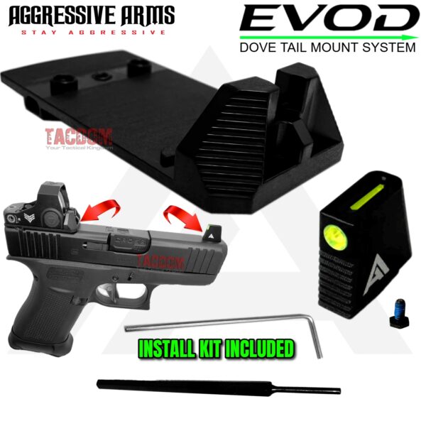AGGRESSIVE ARMS EVOD DOVE MOUNT SYSTEM for Glock RMSc Slide Sight Adapter with Front FIBER OPTIC SIGHT + INSTALLATION KIT INCLUDED