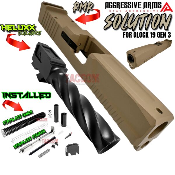 AGGRESSIVE ARMS COMPLETE SOLUTION FDE SLIDE + HELUXX ONYX BARREL + UPPER PARTS INSTALLED For GLOCK 19 GEN 3 - RMR OPTIC CUT - 416R STAINLESS - SCALE GRIP