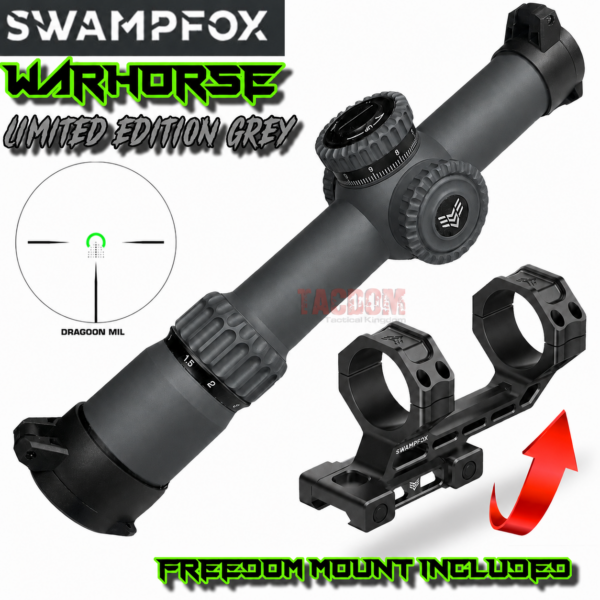 SWAMPFOX 1-6×24 RARE SIG GREY WARHORSE FFP RIFLE 34MM SCOPE - GREEN DRAGOON MIL RETICLE + FREEDOM MOUNT