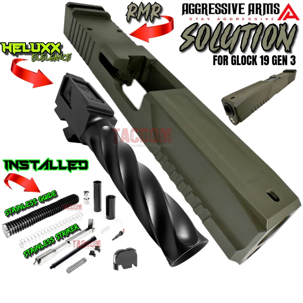 AGGRESSIVE ARMS COMPLETE SOLUTION OD GREEN SLIDE + HELUXX ONYX BARREL + UPPER PARTS INSTALLED For GLOCK 19 GEN 3 - RMR OPTIC CUT - 416R STAINLESS - SCALE GRIP - Image 1