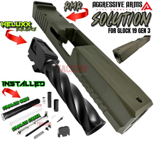 AGGRESSIVE ARMS COMPLETE SOLUTION OD GREEN SLIDE + HELUXX ONYX BARREL + UPPER PARTS INSTALLED For GLOCK 19 GEN 3 - RMR OPTIC CUT - 416R STAINLESS - SCALE GRIP