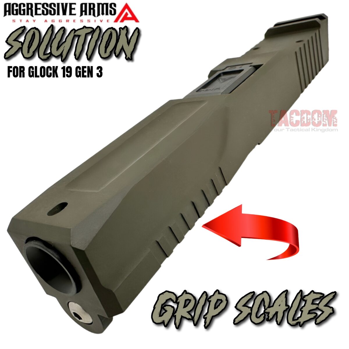 AGGRESSIVE ARMS COMPLETE SOLUTION OD GREEN SLIDE + HELUXX ONYX BARREL + UPPER PARTS INSTALLED For GLOCK 19 GEN 3 - RMR OPTIC CUT - 416R STAINLESS - SCALE GRIP - Image 6