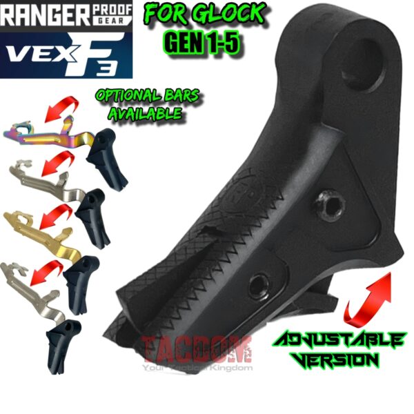 RANGER PROOF / JOHNNY GLOCK COLLABORATION VEX F3 "ALL" v2 STEALTH Black/Black "ADJUSTABLE VERSION" TRIGGER for GLOCK GEN 1 2 3 4 5 - 17 19 19X 20 21 22 23 24 26 27 31 32 33 34 35 37 36 38 39 43 43x 45 48