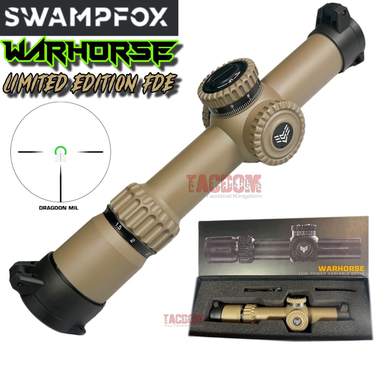 SWAMPFOX 1-6×24 RARE FDE WARHORSE FFP RIFLE SCOPE-GREEN DRAGOON MIL RETICLE TACDOM TACDOM (75545) - Image 1