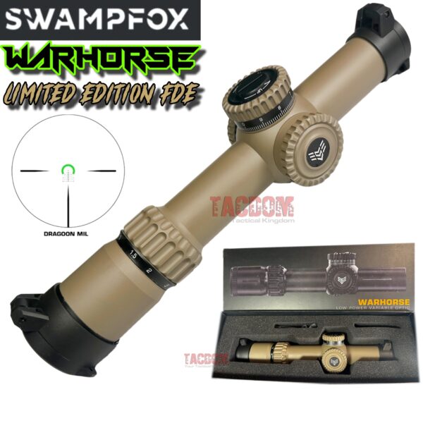 SWAMPFOX 1-6×24 RARE FDE WARHORSE FFP RIFLE SCOPE-GREEN DRAGOON MIL RETICLE TACDOM TACDOM (75545)