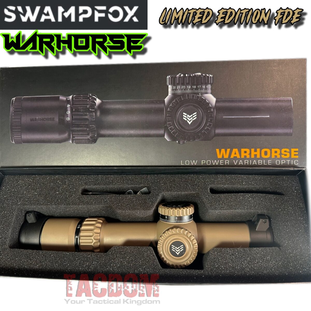 SWAMPFOX 1-6×24 RARE FDE WARHORSE FFP RIFLE SCOPE-GREEN DRAGOON MIL RETICLE TACDOM TACDOM (75545) - Image 2