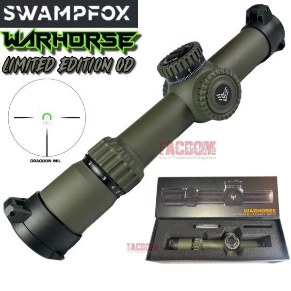 SWAMPFOX 1-6×24 RARE OD GREEN WARHORSE FFP RIFLE SCOPE-GREEN DRAGOON MIL RETICLE